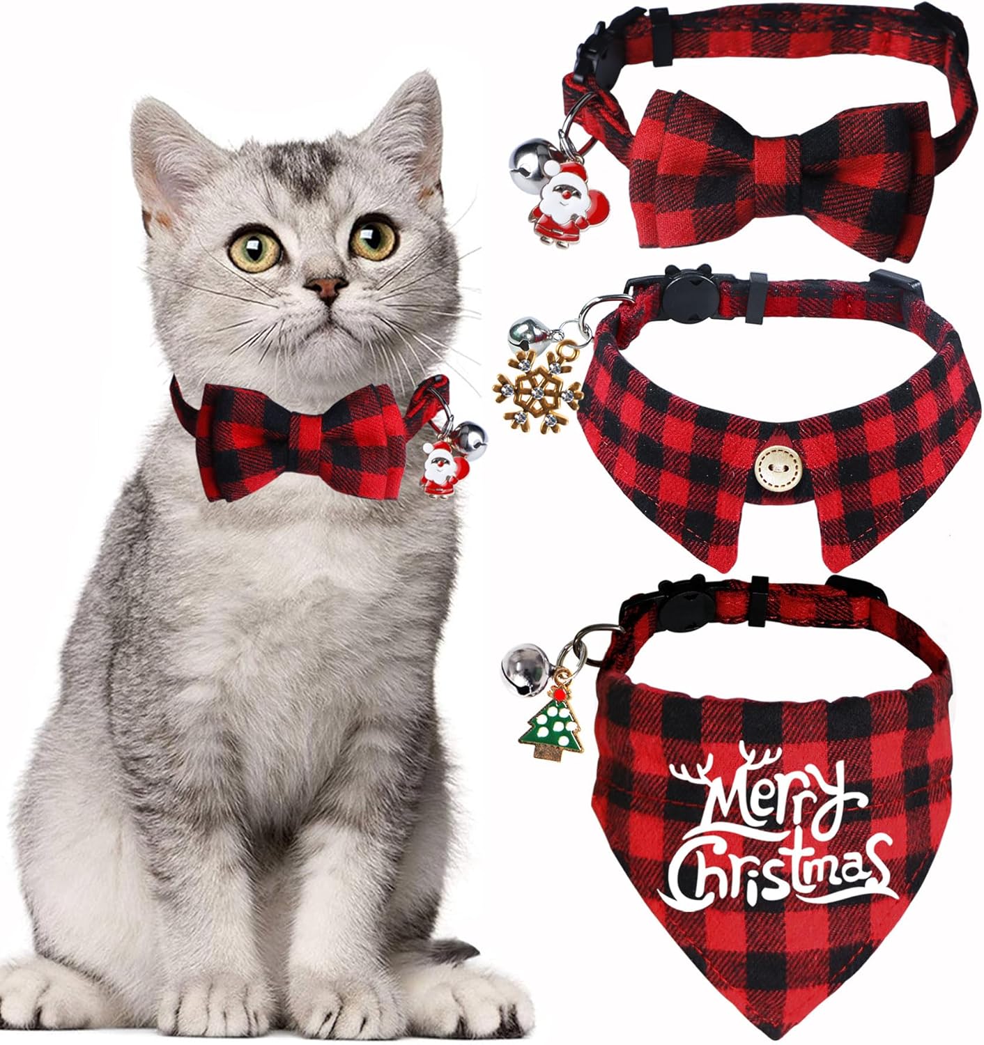 STMK - Paquete de 3 collares de gato de Navidad con campana, para día festivo de Navidad